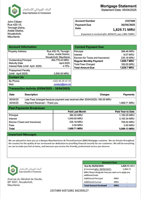 Mauritania Banque Mauritanienne de l'Investissement (BMI) mortgage statement Word and PDF template